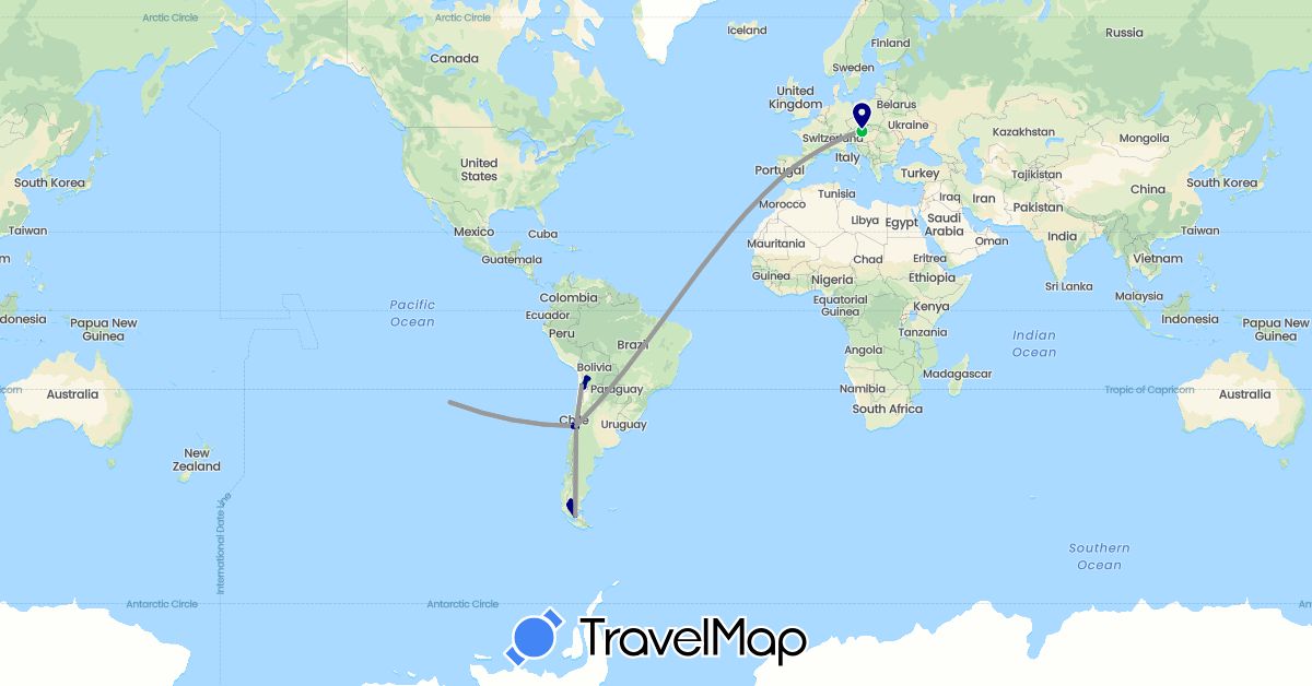 TravelMap itinerary: driving, bus, plane in Argentina, Austria, Bolivia, Chile, Spain, Slovakia (Europe, South America)